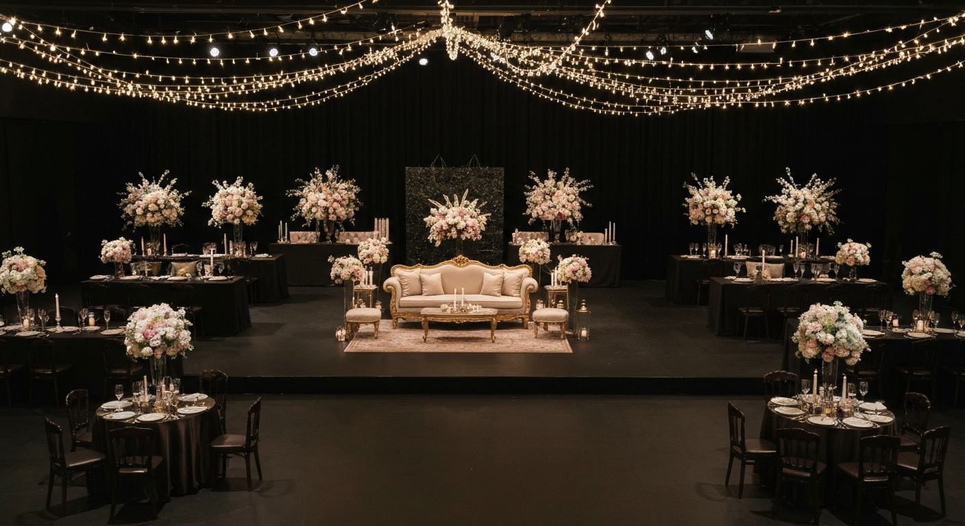 Luxury event setup with string lights