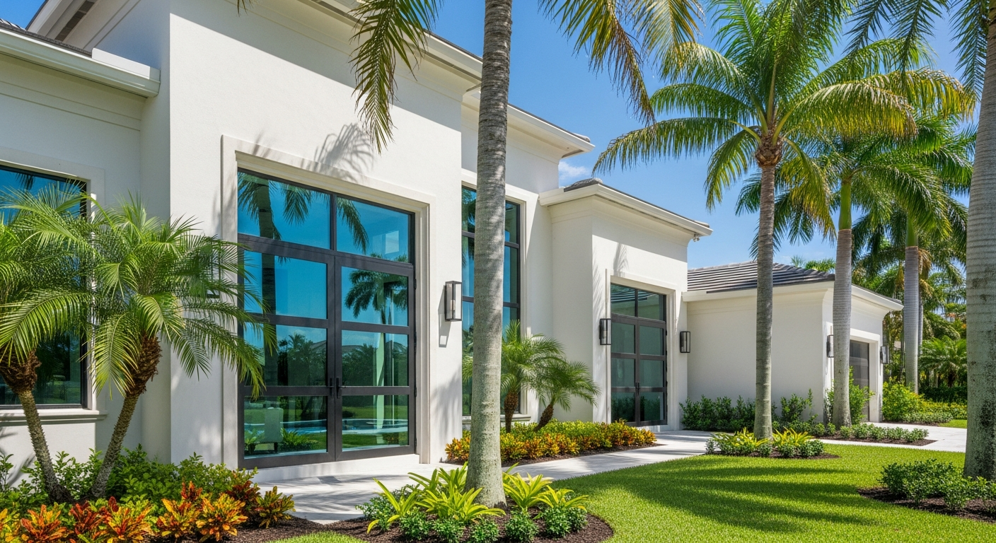 South Florida home exterior featuring modern impact doors and windows