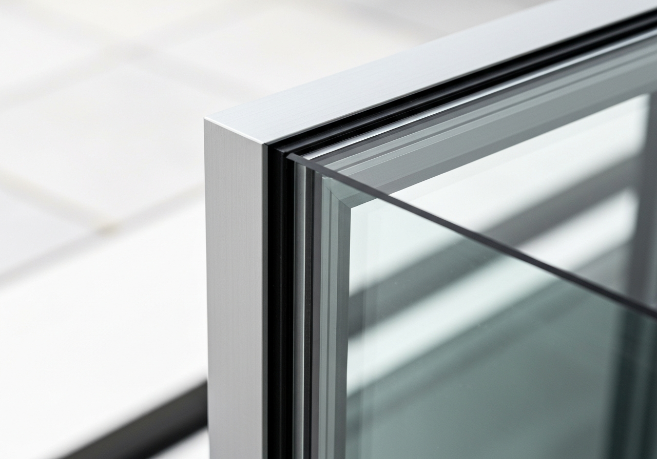 Close-up of thick impact-resistant glass window pane with clean modern aluminum frame