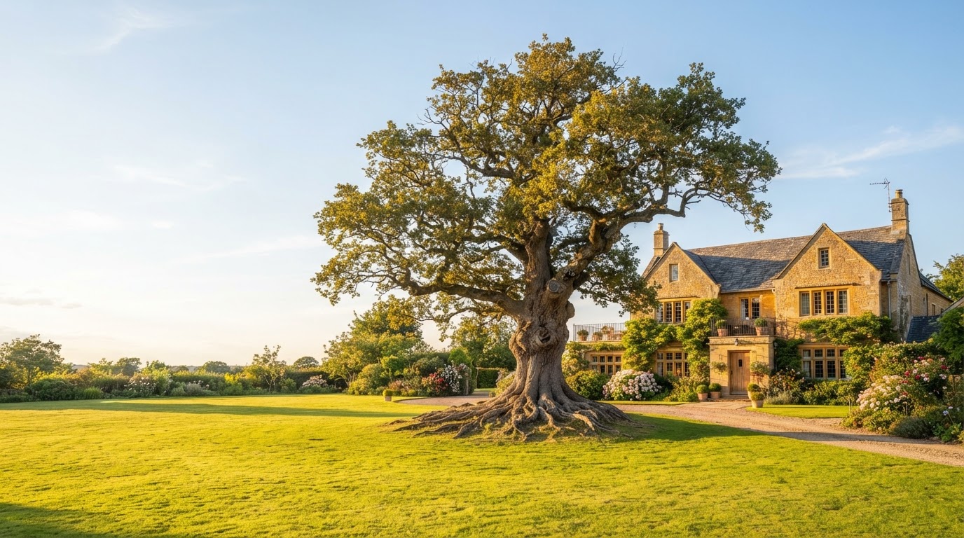 A majestic oak tree beside an elegant family estate at golden hour, symbolizing protection, stability, and generational legacy