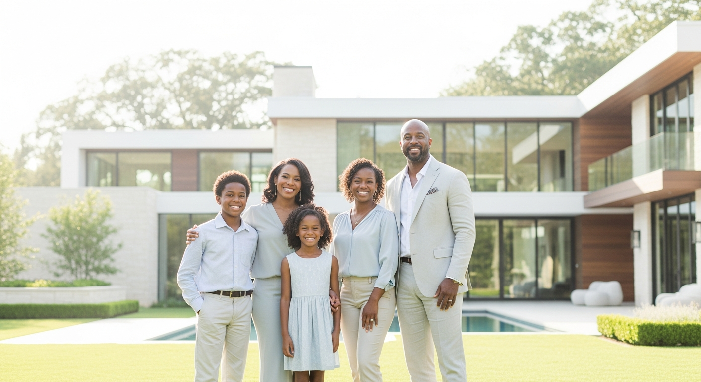 Successful Black African American family outdoors at a beautiful estate