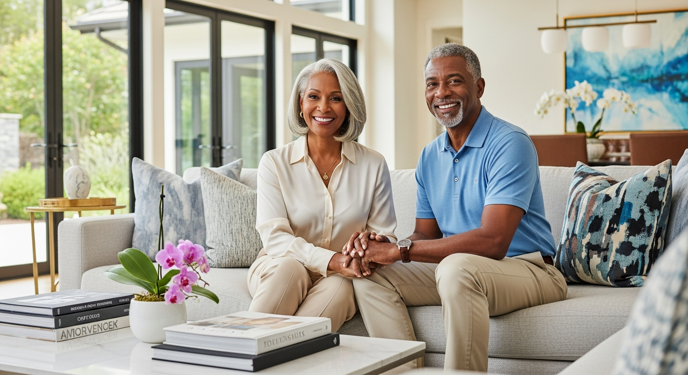 Successful Black couple enjoying retirement in a bright setting