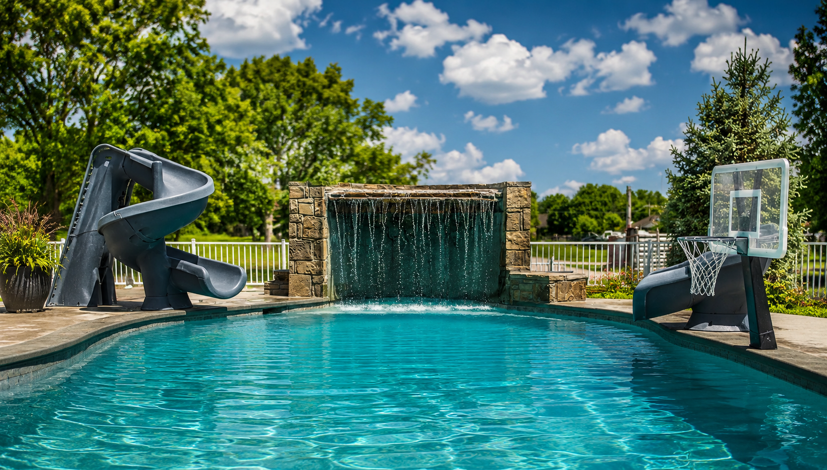 Custom shotcrete pool with slide and waterfall