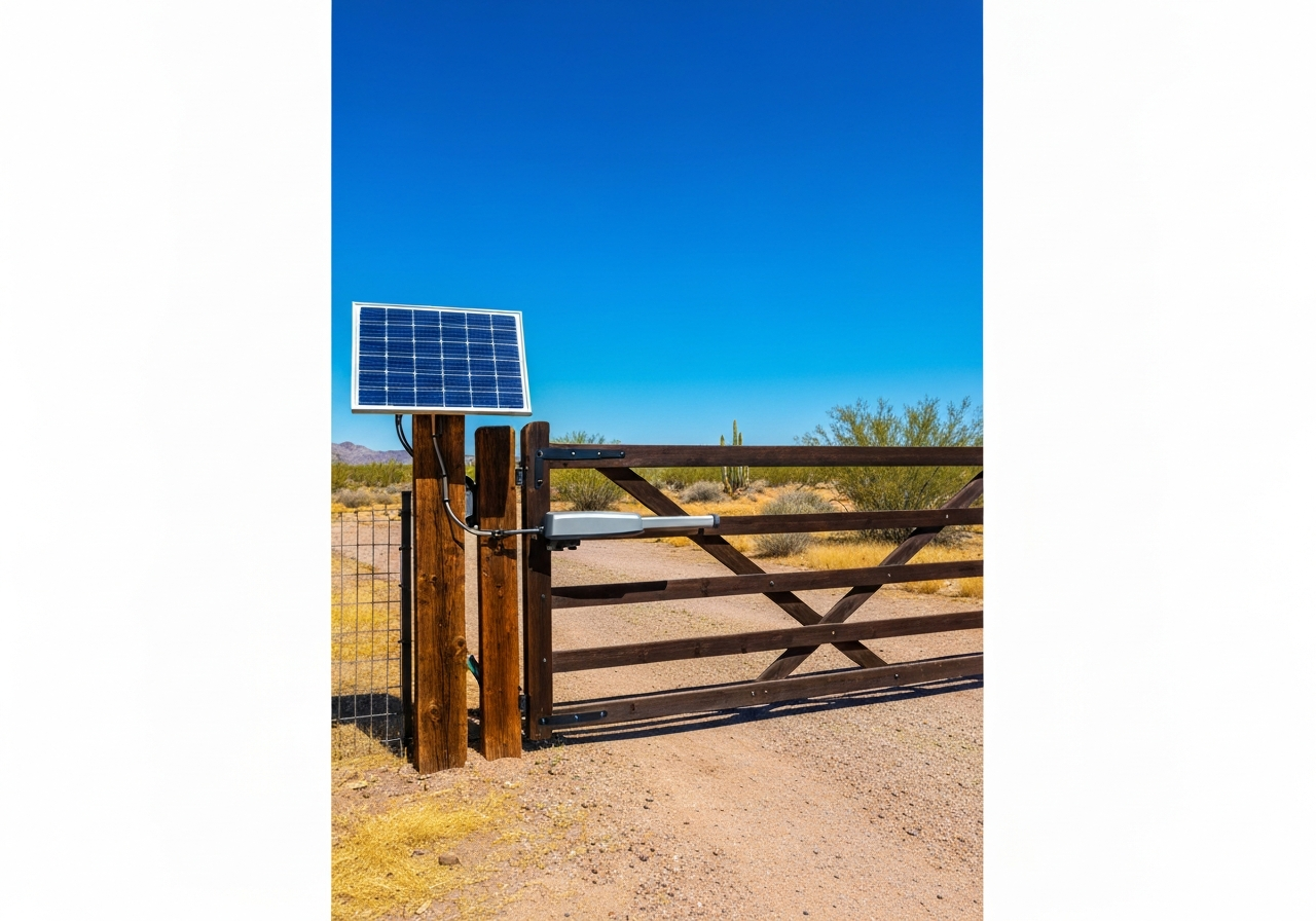 Solar-powered gate opener on a sunny Arizona property