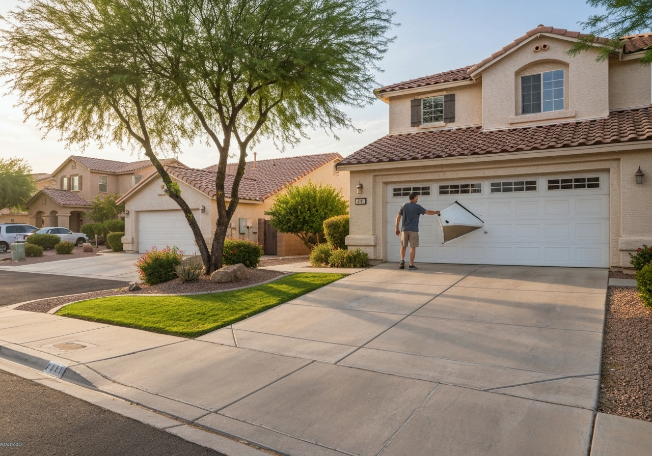 Homeowner in front of their home with a garage door in Yuma, AZ