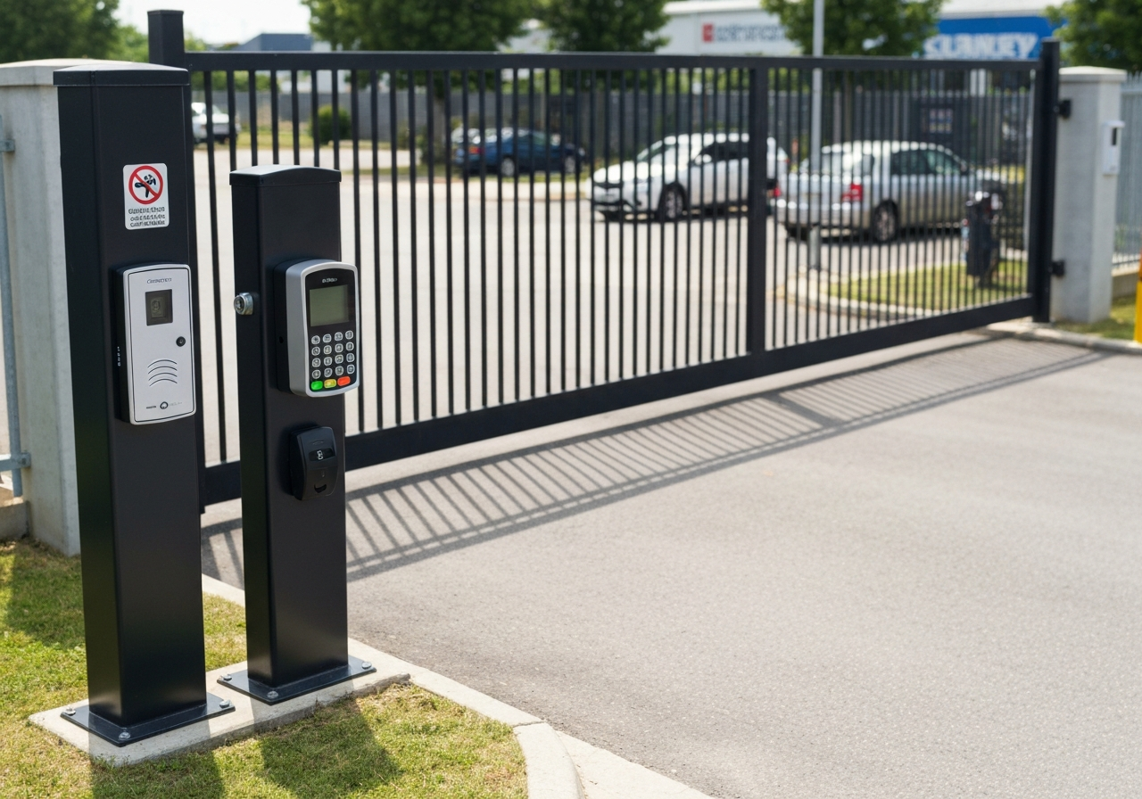 Keypad and card reader access control mounted at a driveway gate