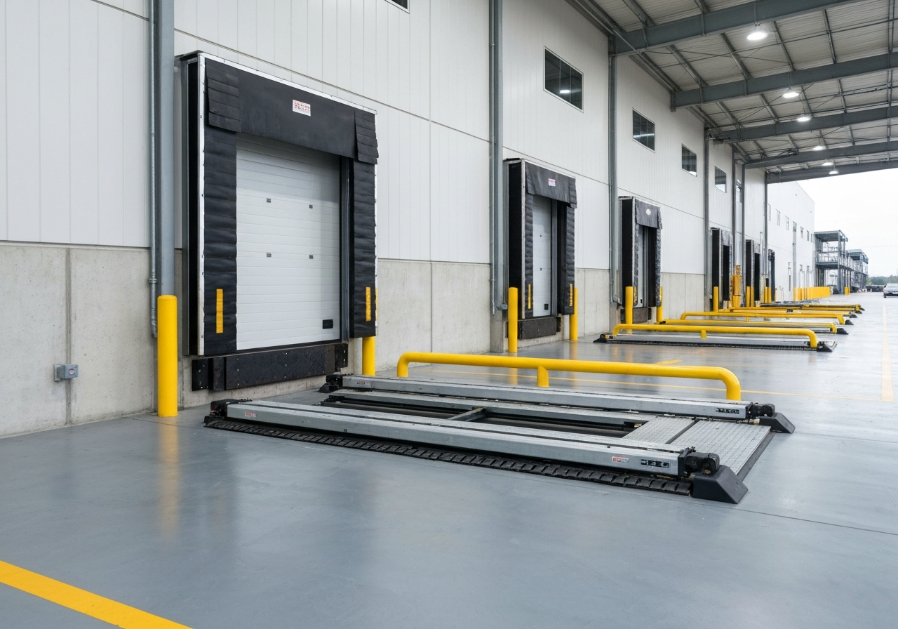 Loading dock leveler and dock door at a warehouse