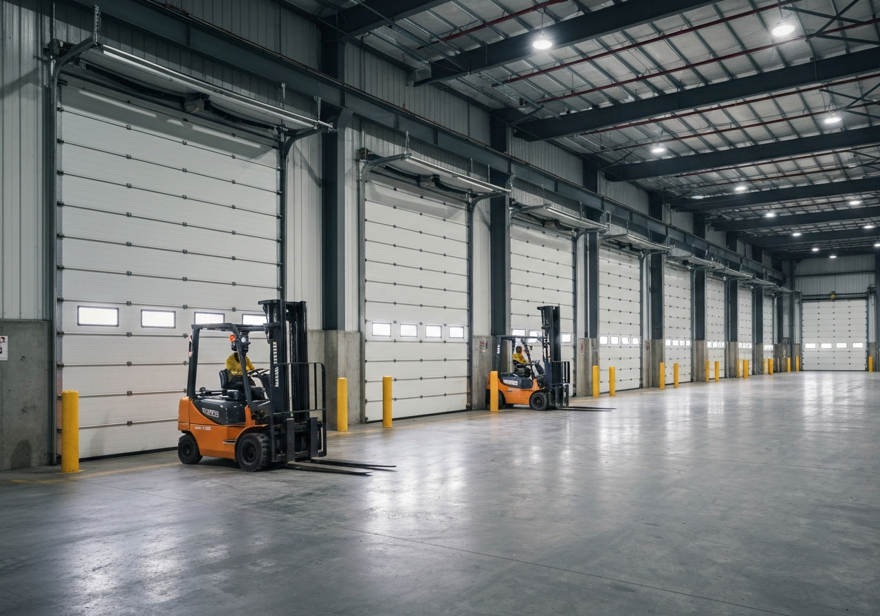 Warehouse and industrial facility with commercial overhead garage doors