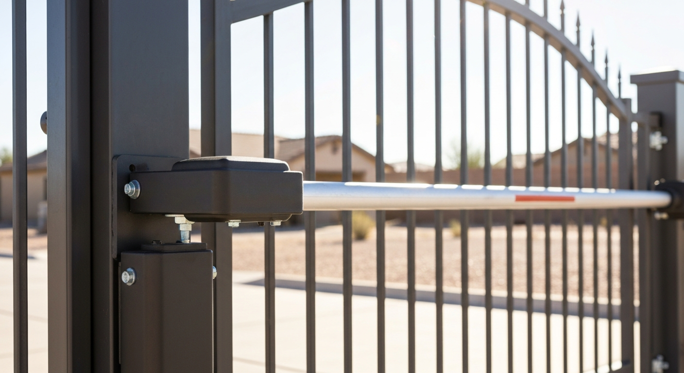Residential swing gate operator arm installed on a metal driveway gate in Yuma, AZ