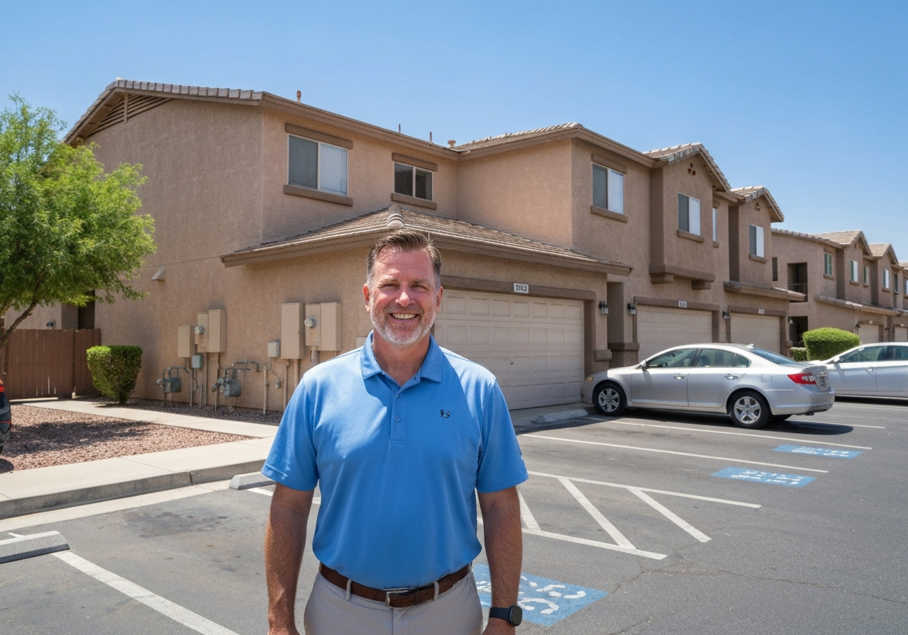 Property manager standing in front of an apartment complex with garage doors