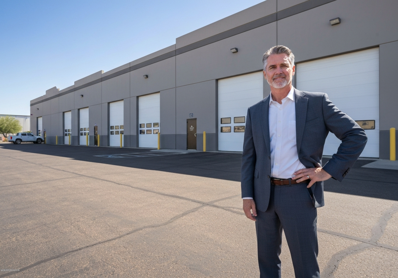 Commercial property owner in front of a commercial building with overhead doors