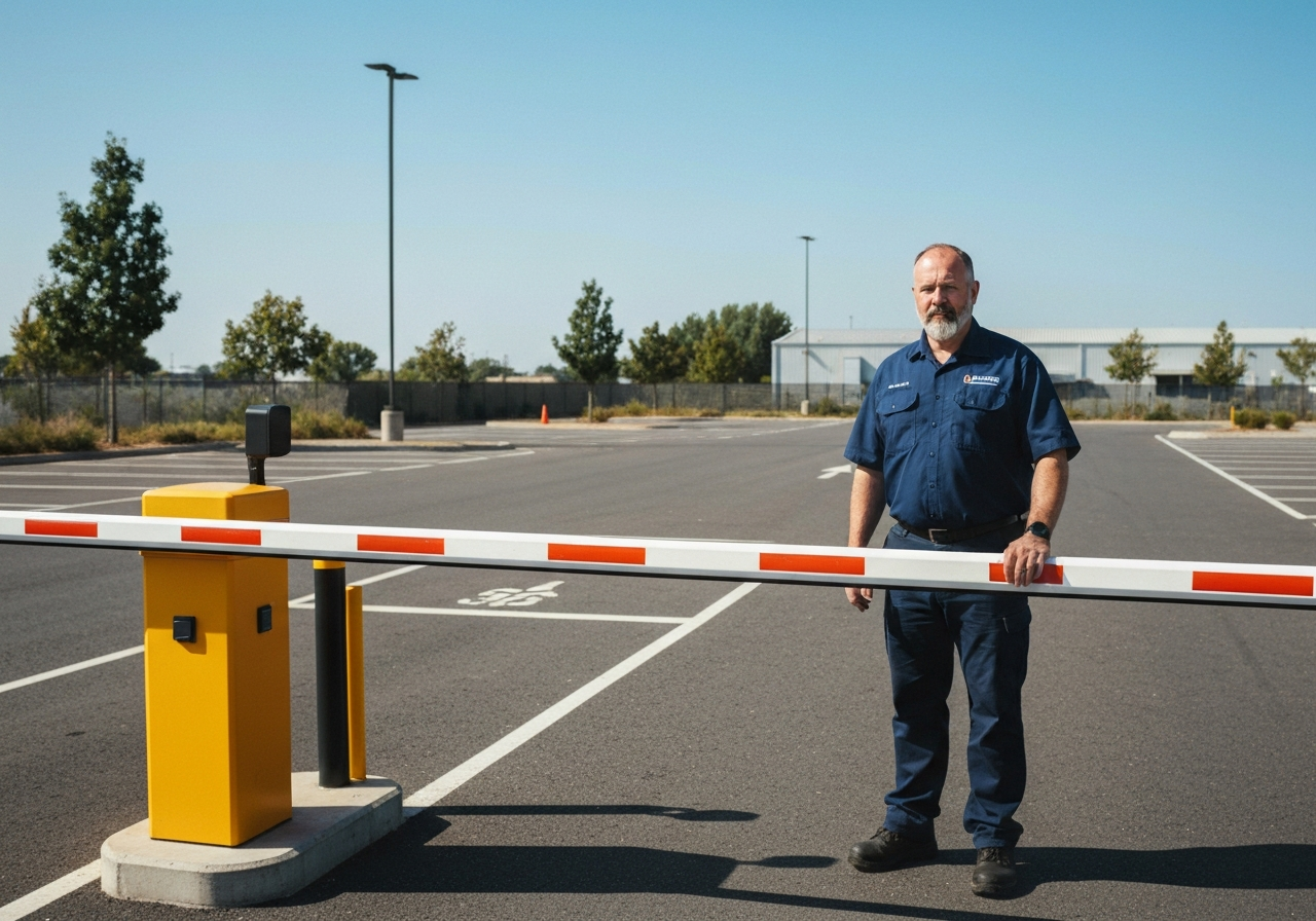 Barrier arm gate operator at a parking lot entrance