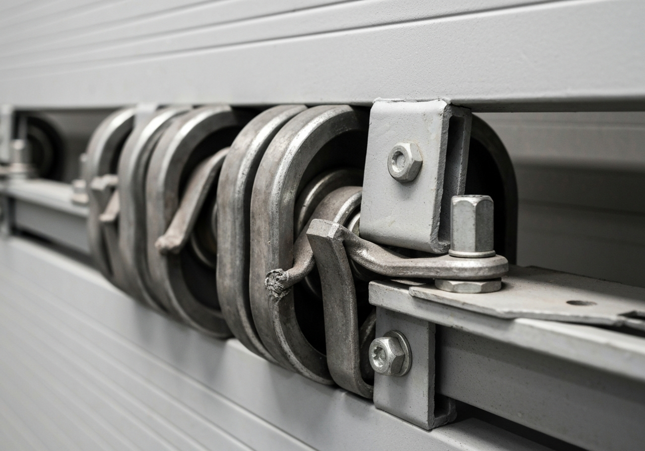 Worn commercial garage door rollers and hinges