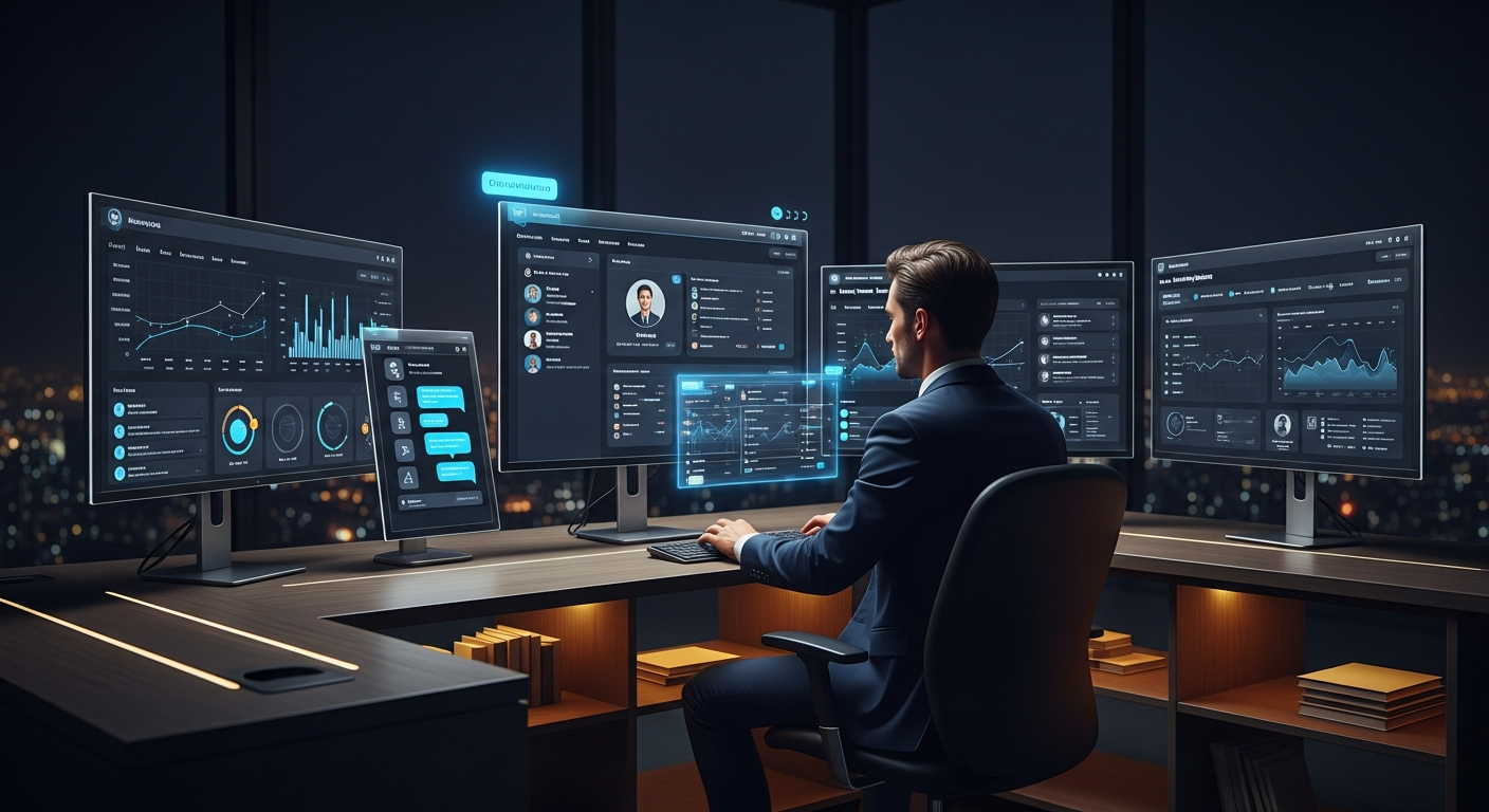 Professional executive working on multiple monitors