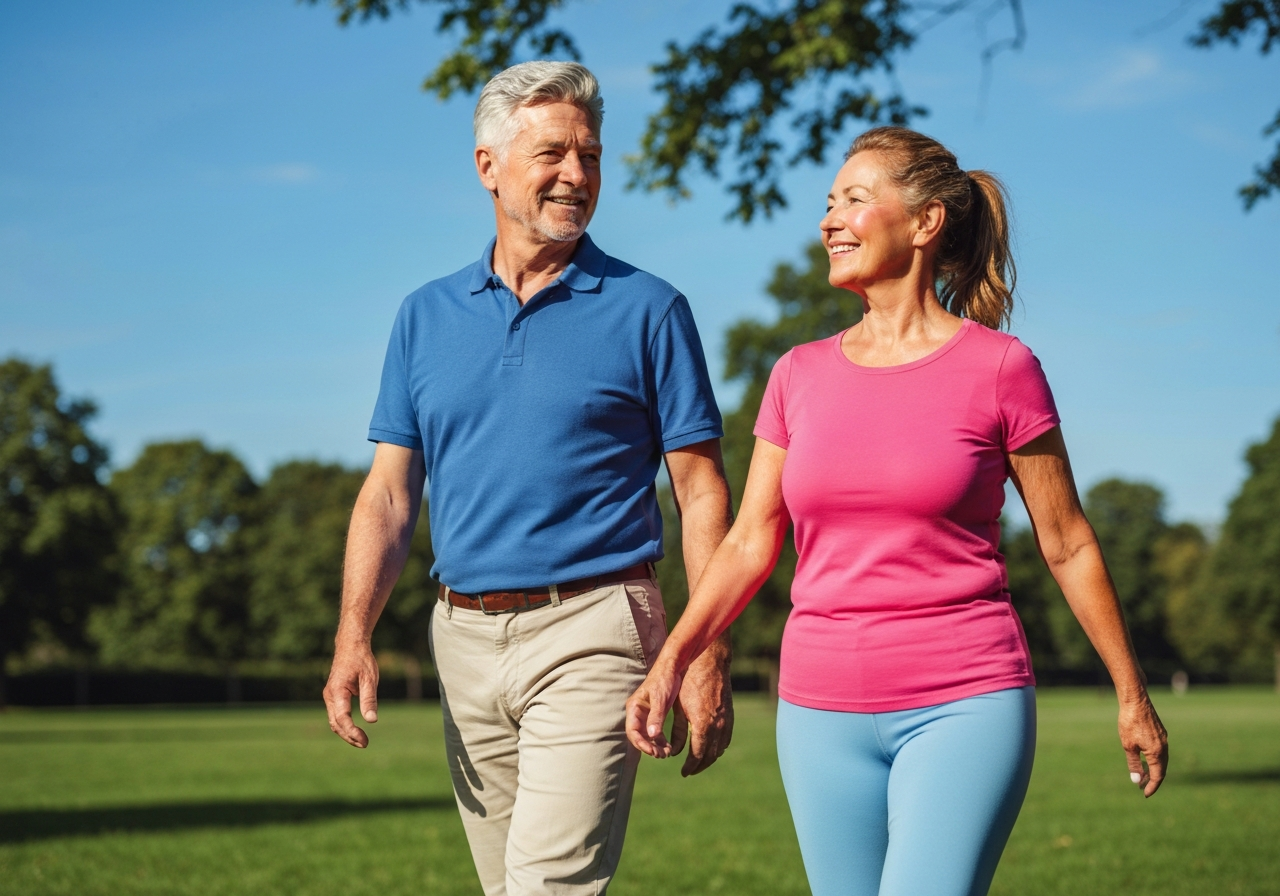 Active older couple walking in a park