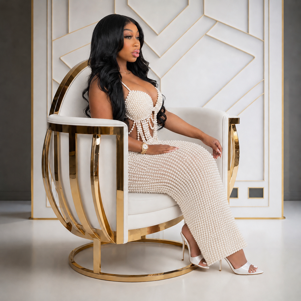 Dominique seated in gold throne chair wearing pearl gown