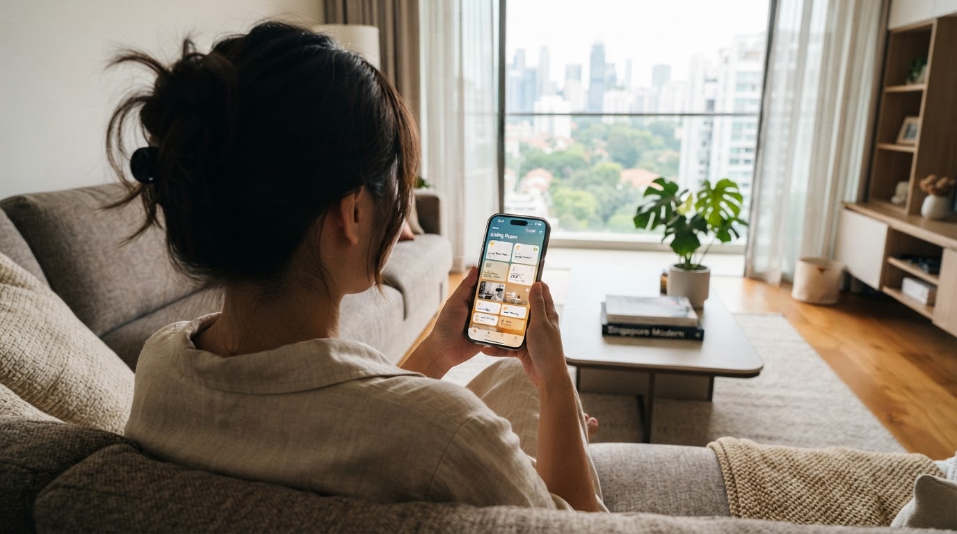 View from behind a person sitting on a sofa using the Aqara smart home app on their phone in a bright Singapore condo living room