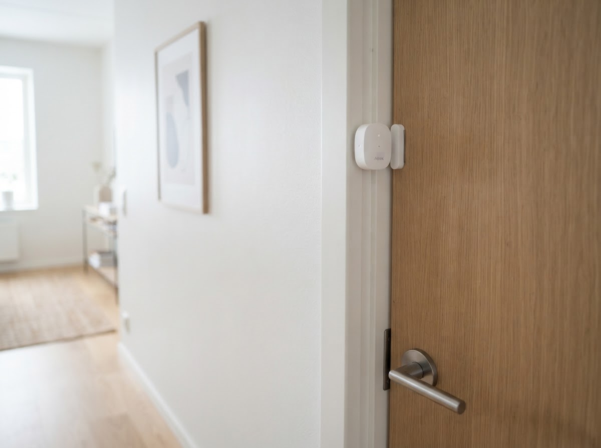 Aqara smart home hub on console table in a bright condo living room