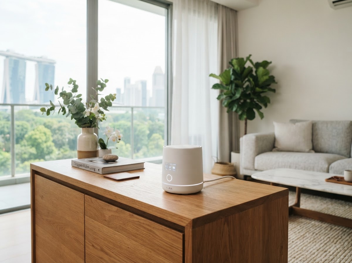 Aqara smart wall switch panel beside a bed in a minimalist bedroom