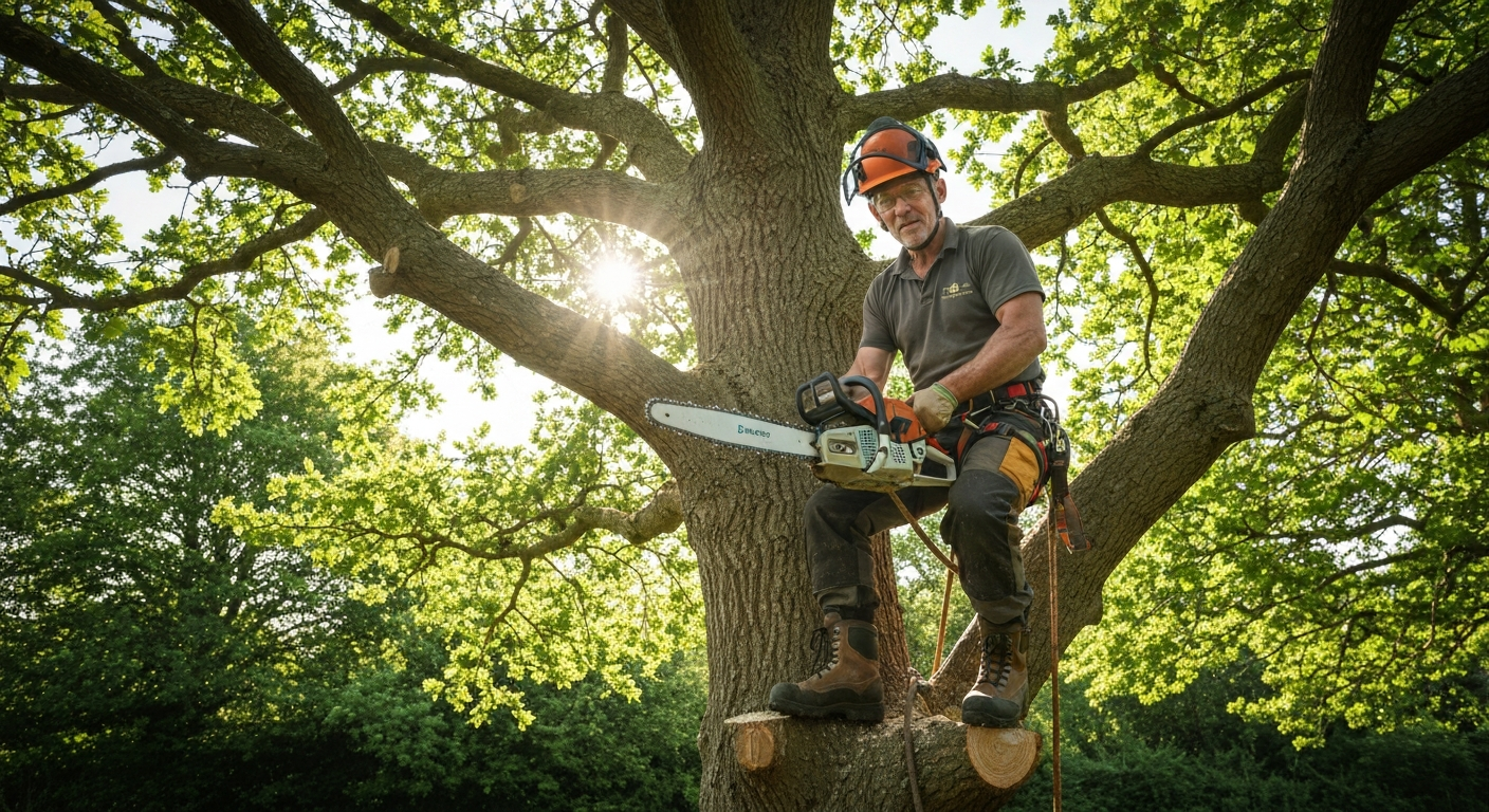 Professional tree surgeon climbing a large oak tree in Gloucestershire