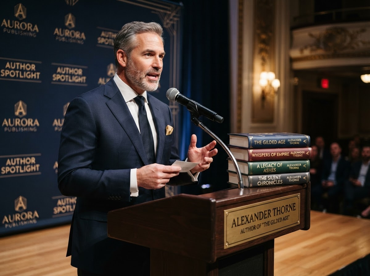 Author speaking at a podium with their published books