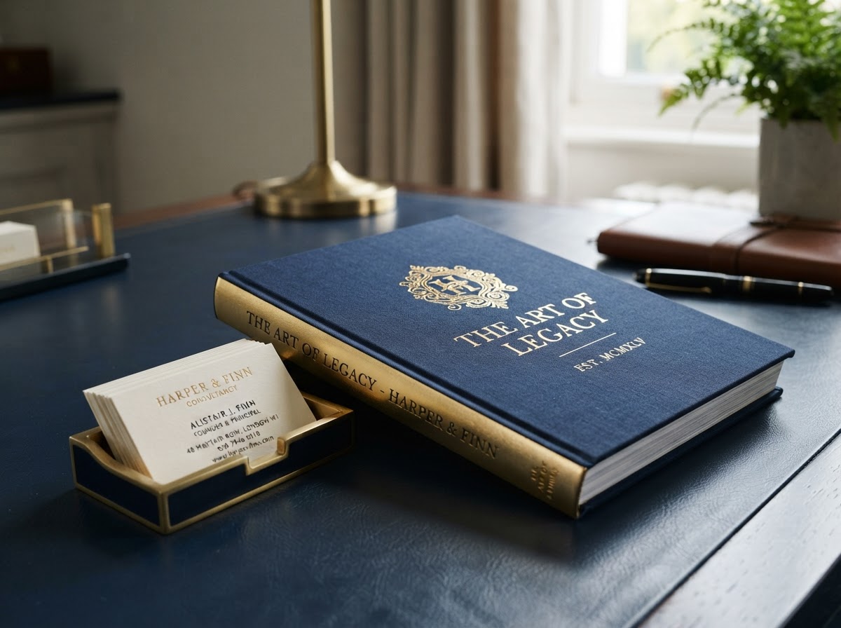 A premium hardcover book on an elegant business card holder