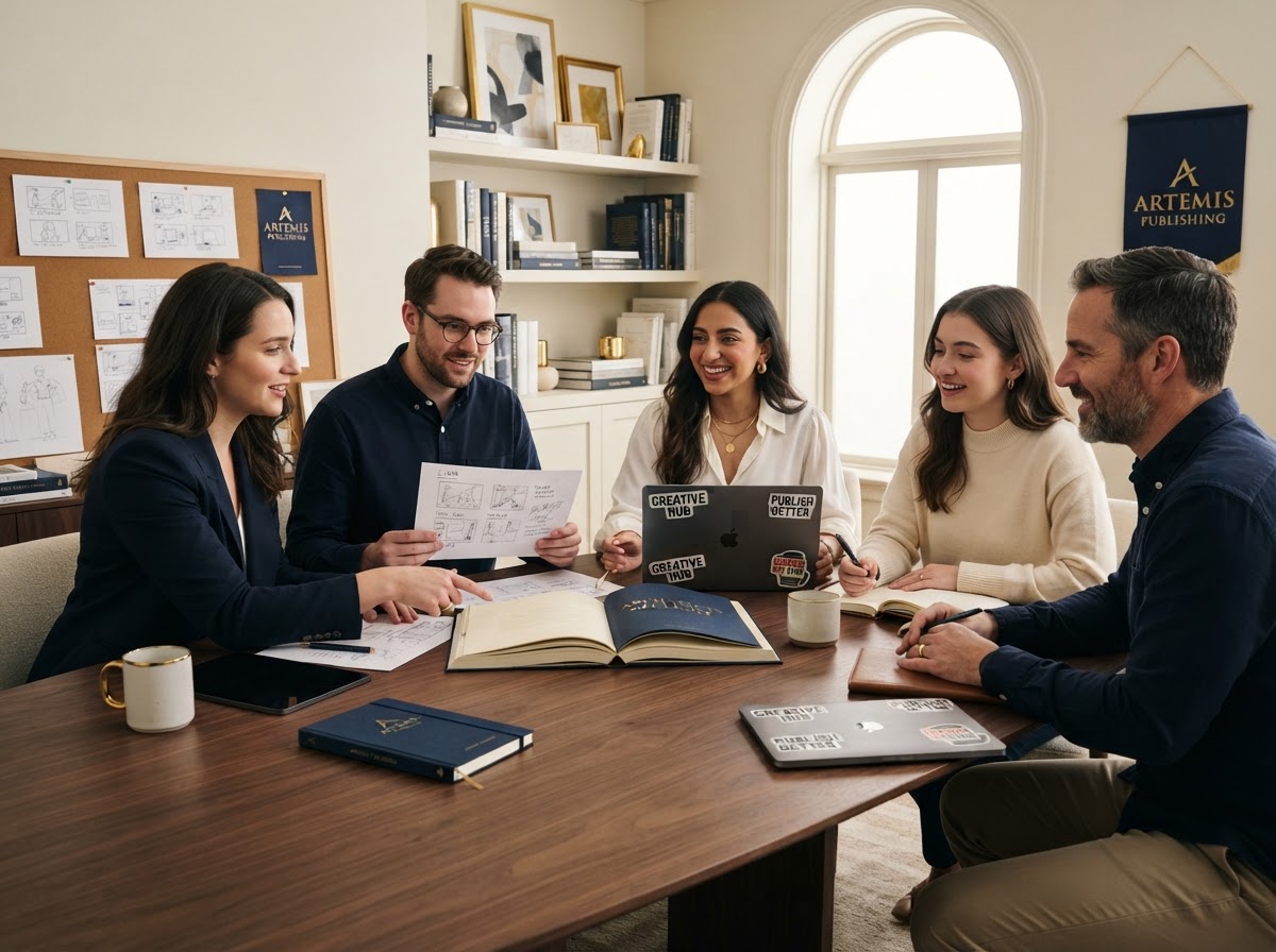 Creative team collaborating around a published book