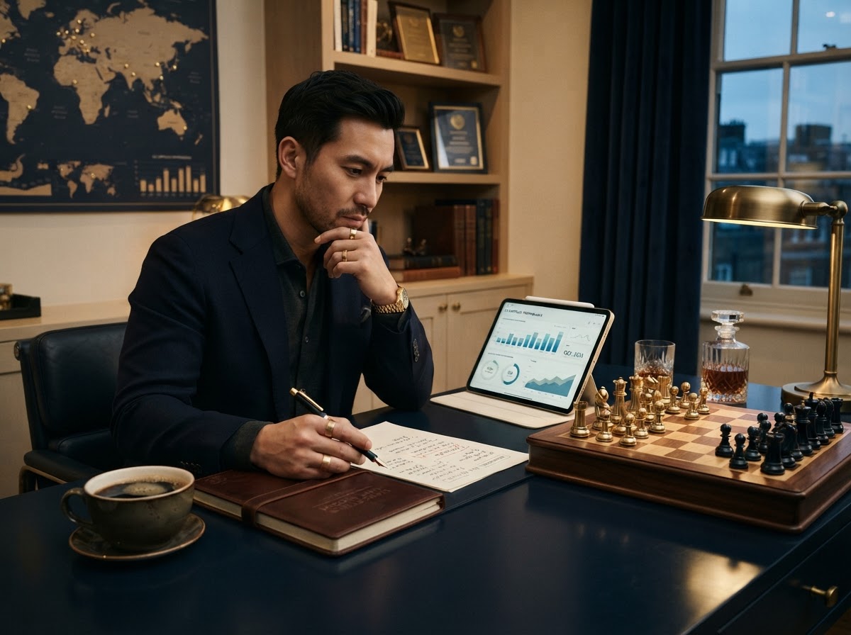 Strategic marketing war room with chess pieces and analytics