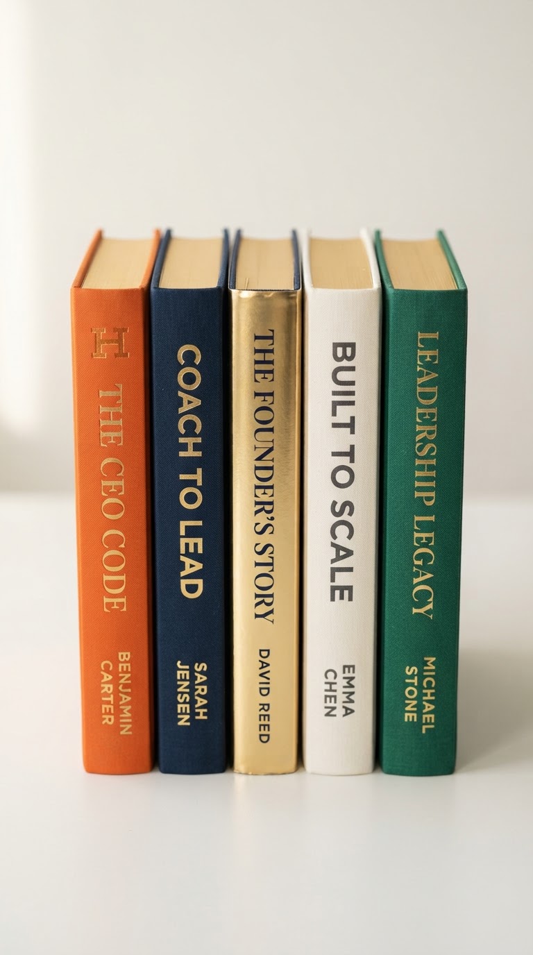 A premium row of five hardcover business books in Hermes orange, navy blue, gold, cream, and emerald green on an off-white studio background