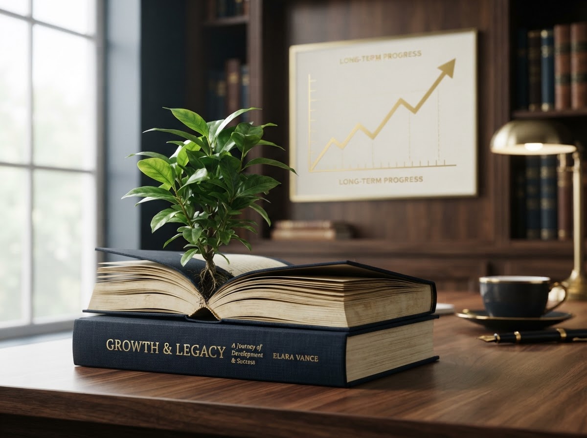 A plant growing out of a hardcover book with a rising chart