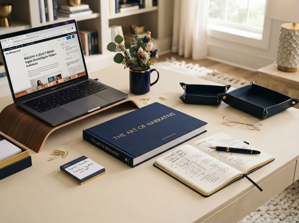 Content creation workspace with an open book and drafts