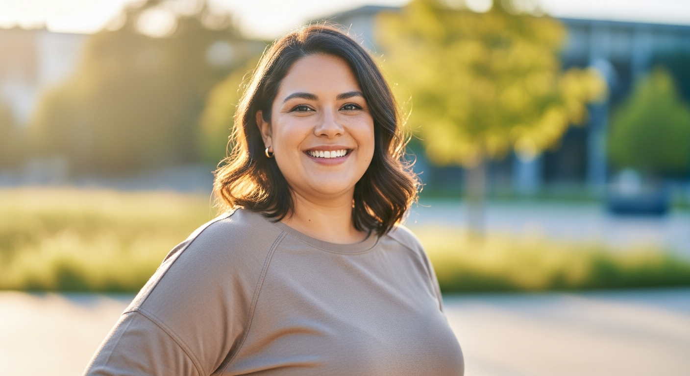 Overweight Hispanic female in her late 30s smiling warmly