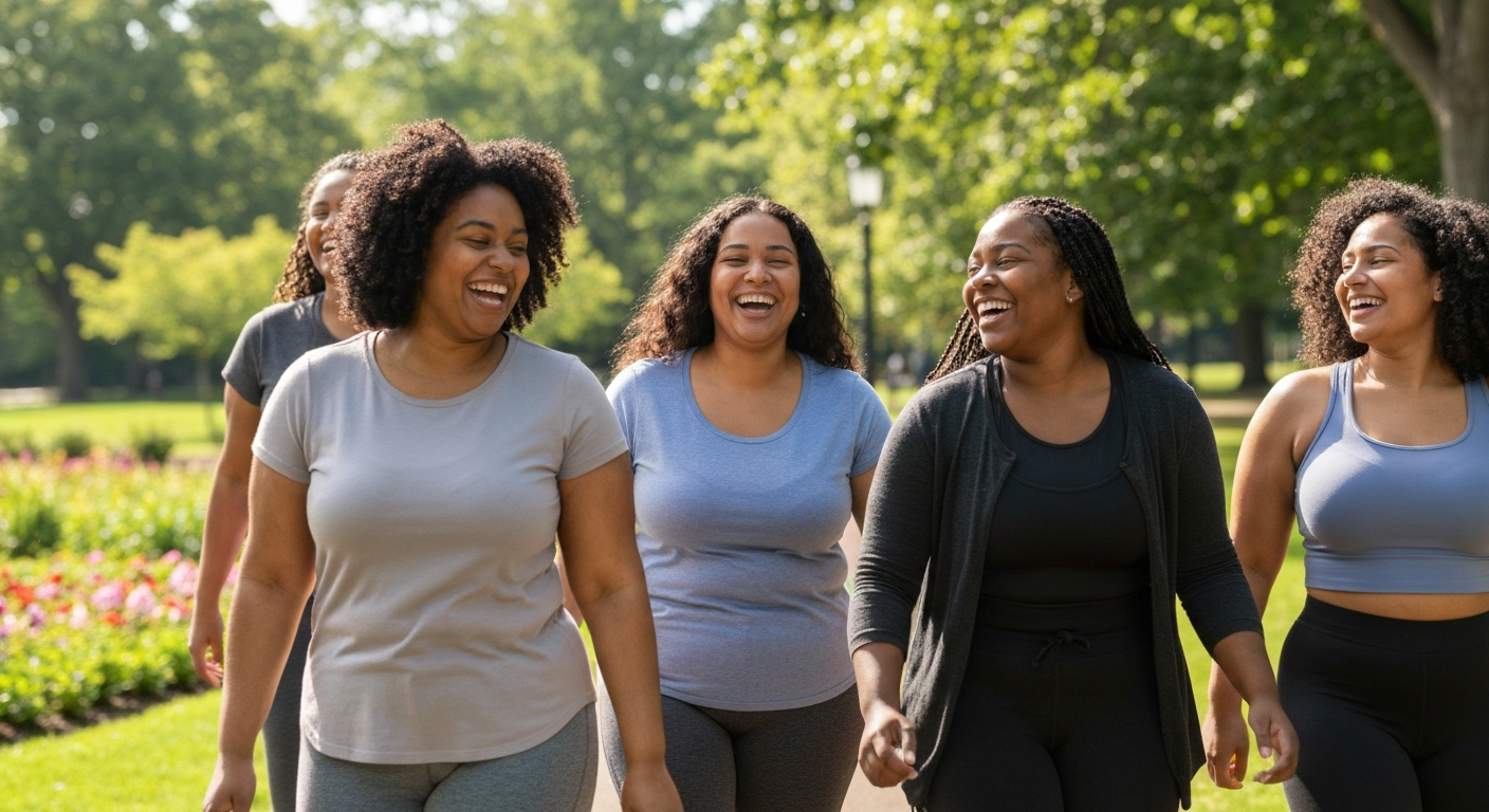 Group of 3 diverse overweight Black and Hispanic women happily walking and exercising together