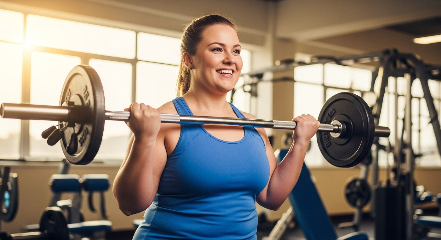Overweight woman confidently lifting weights in a gym