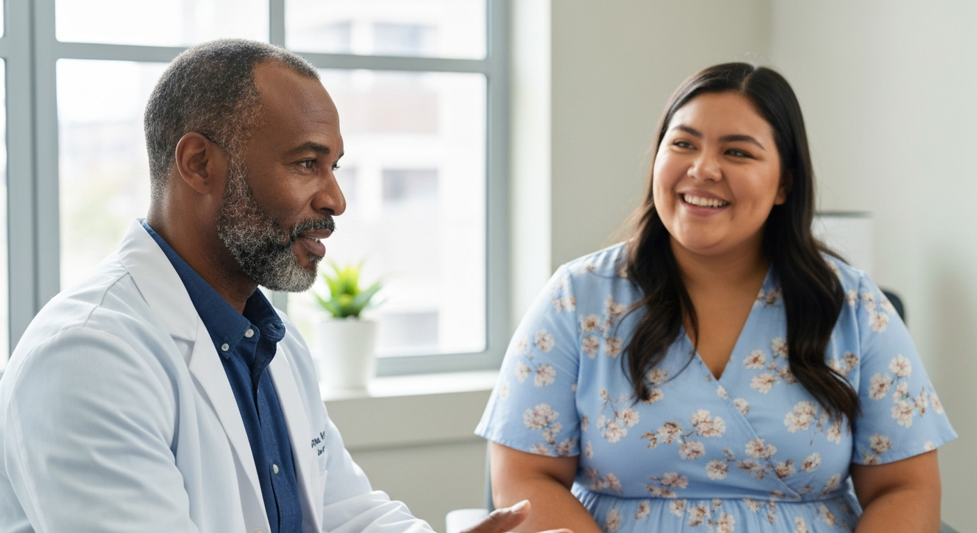 Light-skinned Black physician with his back to the camera consulting with a smiling Hispanic female patient