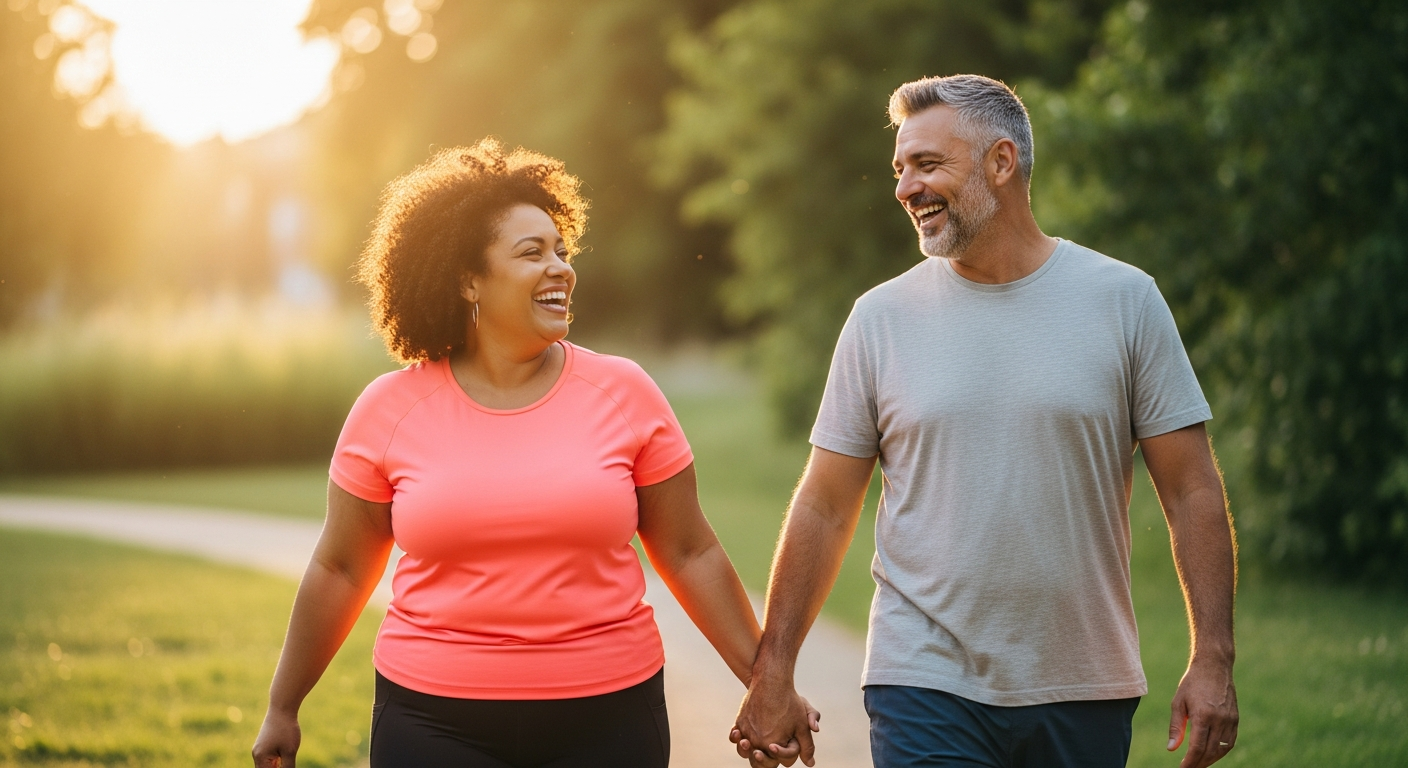 Diverse overweight couple laughing and walking together
