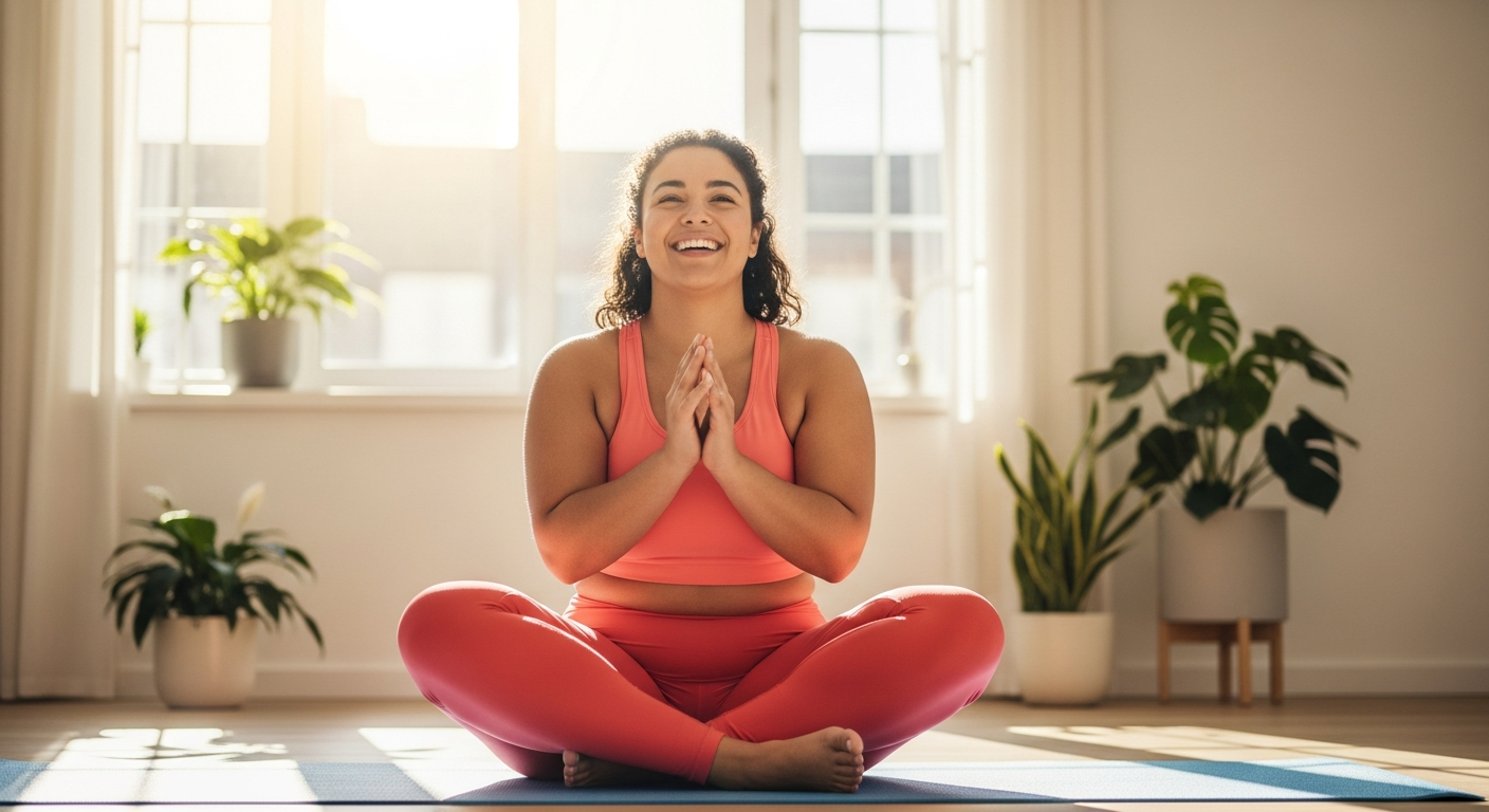 Young overweight 30-year-old female doing a yoga pose, smiling