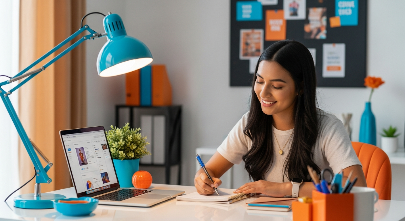 Creadora de contenido encontrando ideas en su laptop
