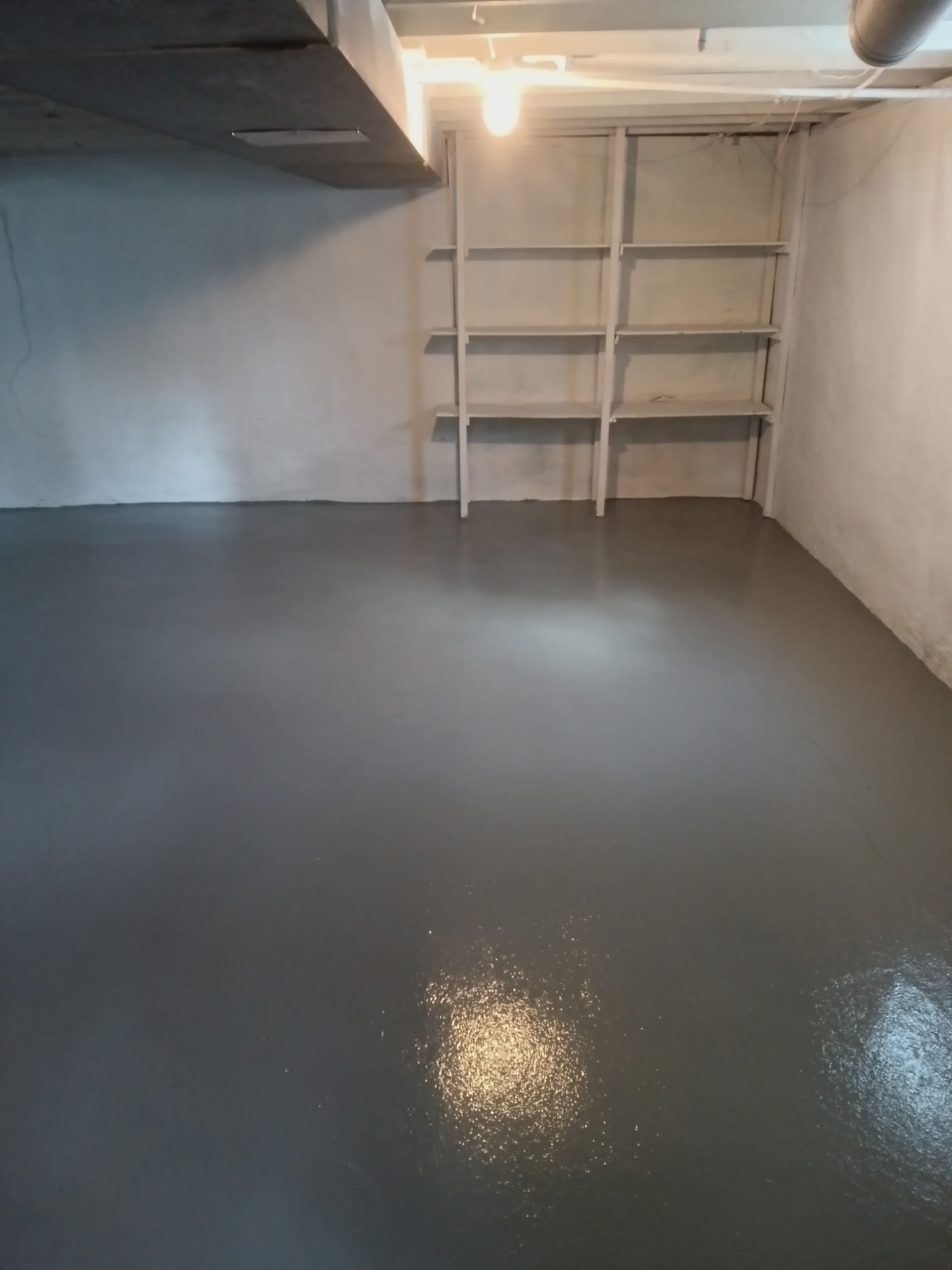 Waterproofed basement floor and storage shelving in South Central