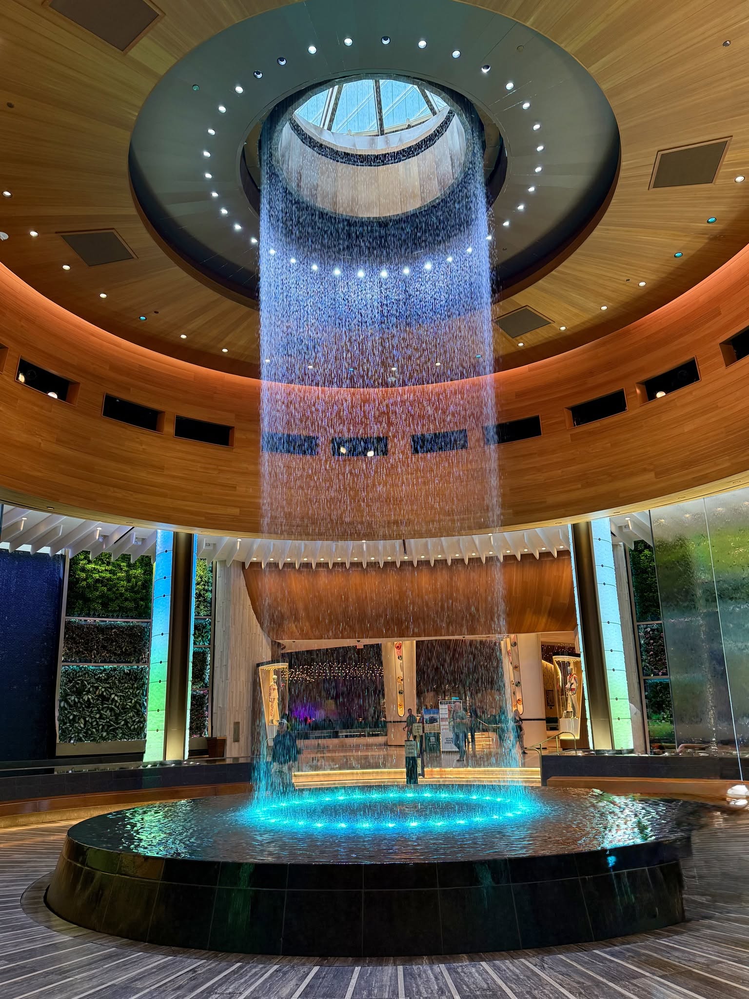 The spectacular waterfall feature inside the Seminole Hard Rock Guitar Hotel lobby