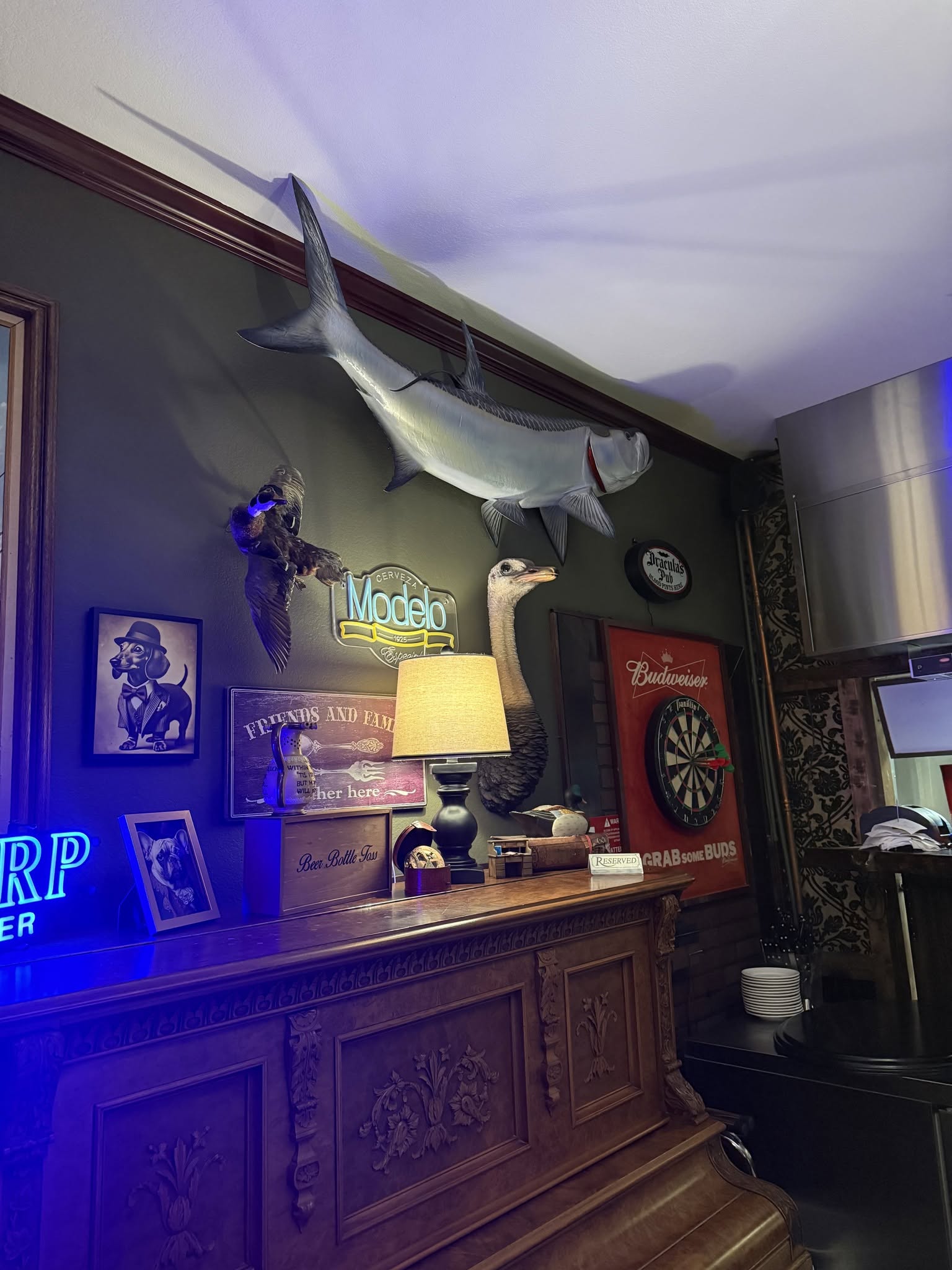 Poor Parson's Pub interior with eclectic mounted wildlife and memorabilia