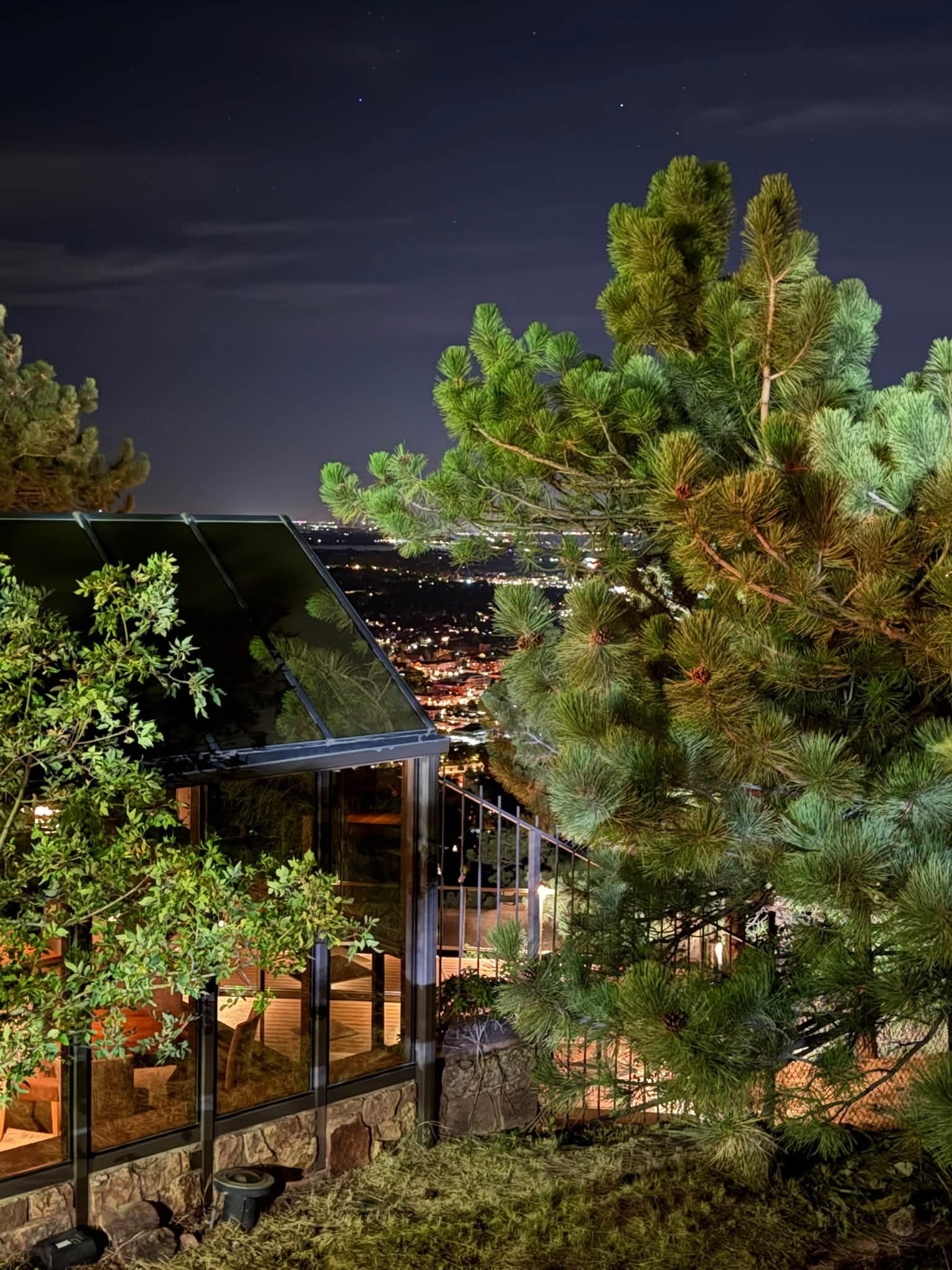 Nighttime view from Flagstaff House overlooking the glittering lights of Boulder