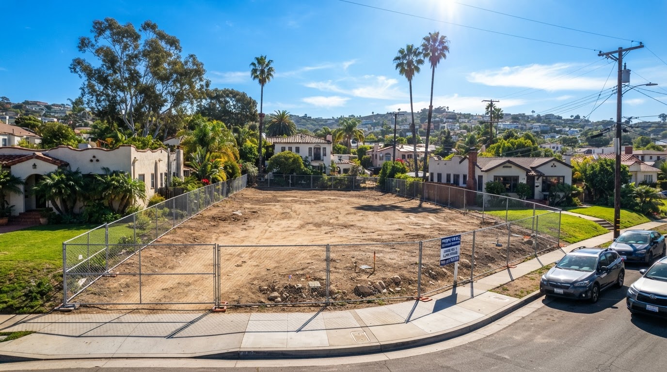 Vacant San Diego infill lot before ground-up development