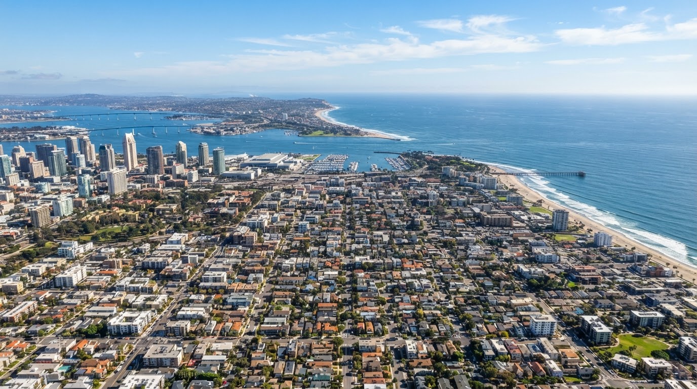 Aerial view of San Diego coastline and dense urban neighborhoods