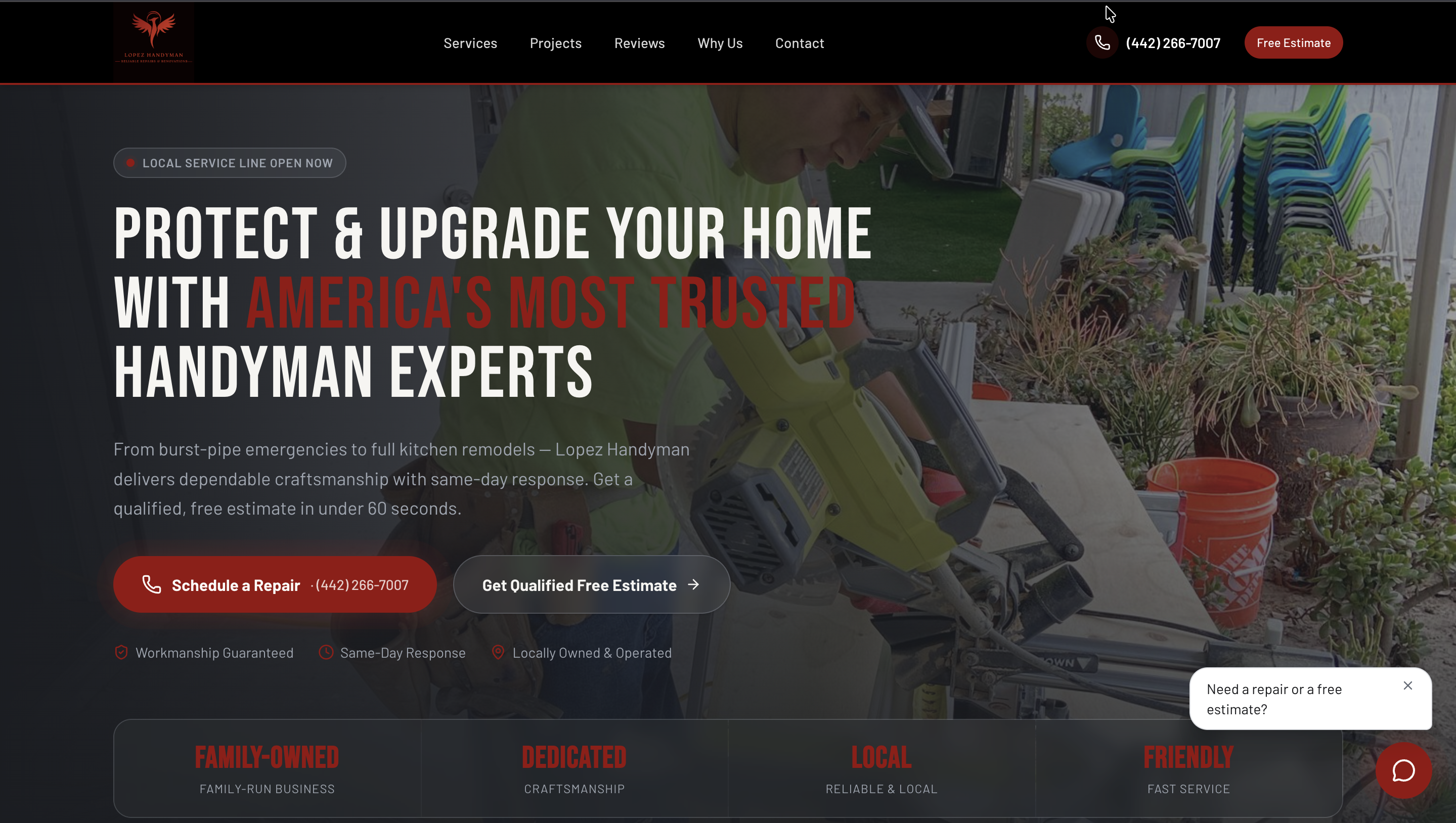 Homepage of Lopez Handyman, a North County handyman website built by GoldLine Influence Agency.