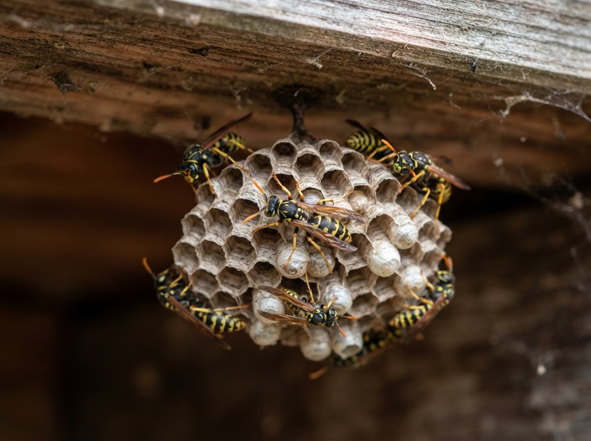 Paper wasp nest under house eaves
