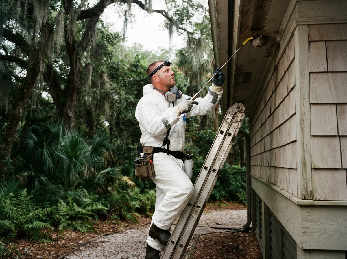 Professional pest control technician inspecting under a house eave for wasp nests