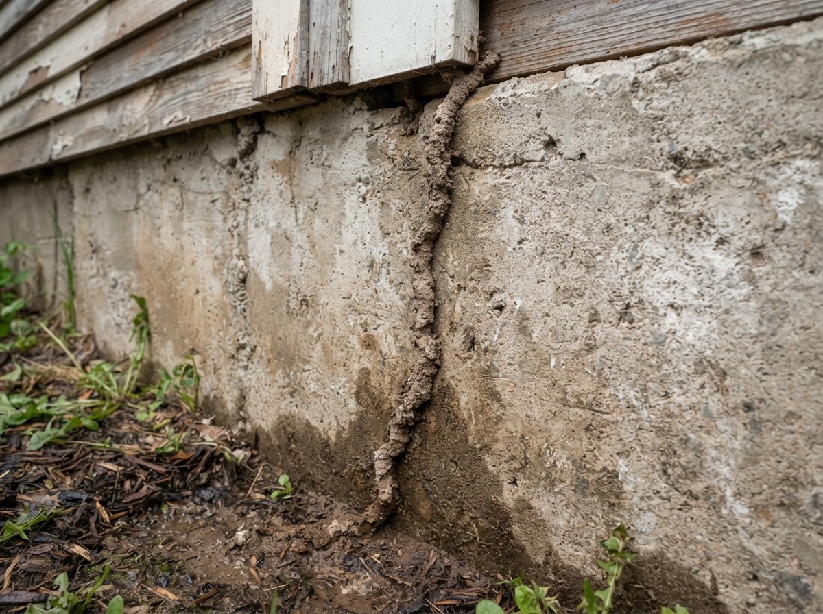 Termite mud tubes running along a concrete foundation wall