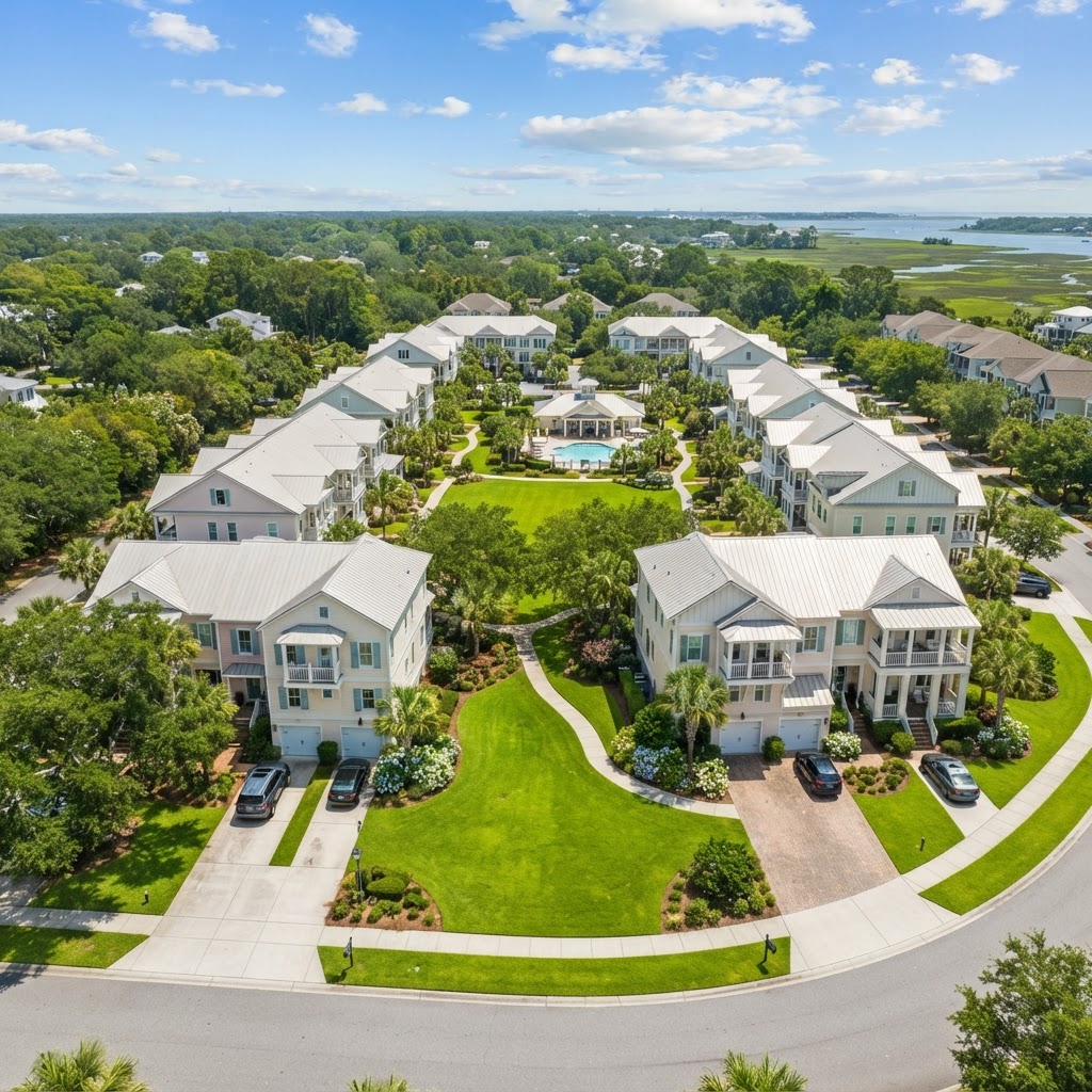 Townhouse community with green lawns in Coastal Georgia