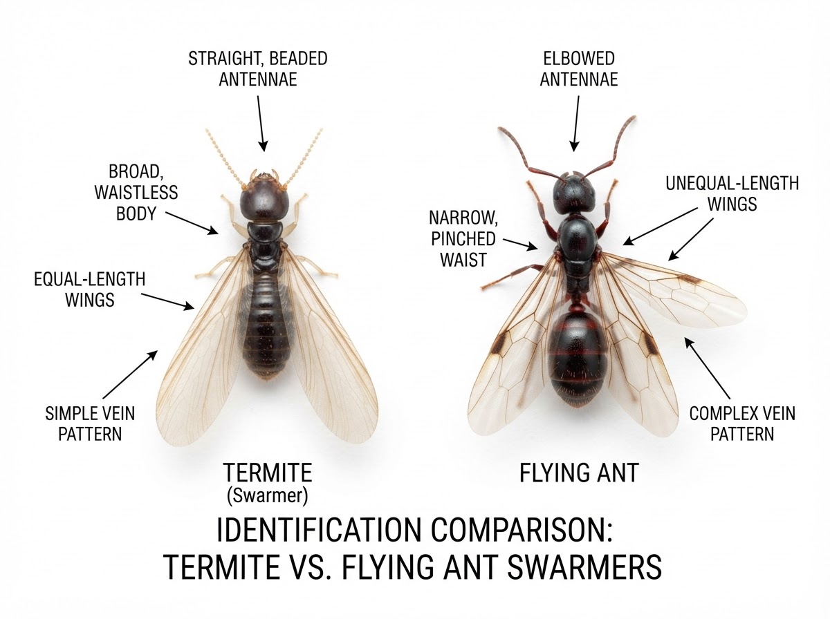 Identification comparison showing the wing and antennae differences between a termite swarmer and a flying ant